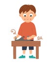 Vector working boy. Flat funny kid character working wood with plane. Craft lesson illustration. Royalty Free Stock Photo