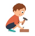 Vector working boy. Flat funny sitting kid character nailing up with a hammer. Craft lesson illustration.