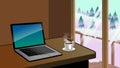Working desk with laptop and coffee beside the nature winter landscape view