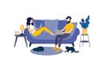 Vector Working Family on Blue Sofa, Bright Colorful Man and Woman Using Laptops, Online Messaging Concept, Cartoon.