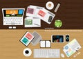 Vector workplace Business applications and communications with commercial paper, documents, files, pens, pencils, mobile phones, t