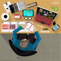 Vector Workplace businessman viewed the use of modern communications technology, notebook,mobile phone, chair, glasses, pens, penc Royalty Free Stock Photo