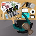 Vector Workplace businessman viewed the use of modern communications technology, notebook,mobile phone, chair, glasses, pens, penc Royalty Free Stock Photo