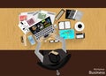 Vector Workplace businessman viewed the use of modern communications technology, notebook,mobile phone, chair, glasses, pens, penc