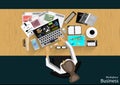 Vector Workplace businessman viewed the use of modern communications technology, notebook,mobile phone, chair, glasses, pens, penc Royalty Free Stock Photo