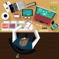 Vector Workplace businessman viewed the use of modern communications technology, notebook,mobile phone, chair, glasses, pens, penc