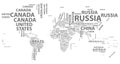 Vector world map with country names in typography