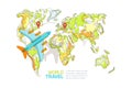 Vector world map and flying airplane, isolated on white background. Travel around the world and tourism creative concept Royalty Free Stock Photo