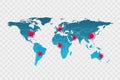 Vector world map infographic symbol. Blue gradient icon with borders and red circle pointers. International global illustration