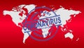 Vector world map with red gradient background and blue ink stamp coronavirus alert