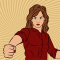 Vector wow pop art sexy strict girl, female feminist demands and asserts her rights, knocks with fist. Retro color illustration