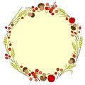 Vector wreath of autumn harvest symbols: wheat ears, berries, mushrooms. Colorful round frame, border Royalty Free Stock Photo