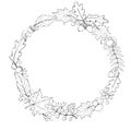 Vector wreath of autumn leaves, mushrooms, acorns, berries. Doodle contoured illustration. Round frame, border