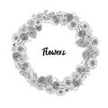 Vector wreath of chrysanthemums and asters. Black and white illustration in sketch style