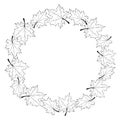 Vector wreath of contour maple leaves. Round frame in doodle style. Black outline on white background. Theme of happy fall, nature Royalty Free Stock Photo