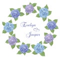 Vector wreath frame for wedding invitations.Watercolor Blue, purple, sapphirine flower, leaves of hydrangea, mophead, lacecap, Royalty Free Stock Photo