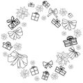 Vector wreath of isolated with holly berry, bows and gifts box on a white background. Place for text, copy space. Black gifts and