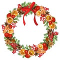 Vector wreath with traditional symbols of new year and Christmas isolated on white Royalty Free Stock Photo