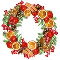 Vector wreath with traditional symbols of new year and Christmas isolated on white Royalty Free Stock Photo