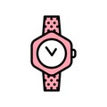 Vector wristwatch icon in flat style with black stroke, pink fill and circles texture on a white background.