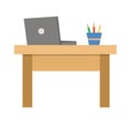 Vector writing desk with laptop and glass with pencils. Job or working place illustration. Back to school or business concept on