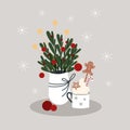 Vector Xmas Illustration With Christmas Bouquet, Stars, Decoration, Cacao Cup, Cream, Candy Cane And Gingerbread Man.