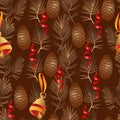 Vector xmas seamless pattern. Include bell, pine cone, branch. Royalty Free Stock Photo