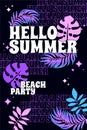 Vector y2k Hello Summer Beach Party flyer template. 90s nostalgia vaporwave cyberpunk rave design. Bright youthful neon electric
