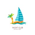 Vector yacht club logo design template. Sailing boat and palm on seaside. Royalty Free Stock Photo