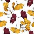Vector Yellow and red ginkgo leaf. Engraved ink art. Seamless background pattern. Fabric wallpaper print texture. Royalty Free Stock Photo