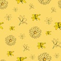 Vector yellow background white yellow lemony floral seamless pattern. Daisies, Lilies, Crocus. Seamless pattern