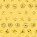 Vector yellow background white yellow lemony floral seamless pattern. Daisies, Lilies, Crocus. Seamless pattern