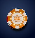 Vector yellow casino poker chips with luminous light elements, top view. Dark blue background. Online casino, blackjack poster