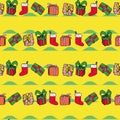 Vector Yellow Christmas seamless background pattern with gifts and stripes