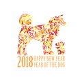 Vector yellow dog for the Chinese New year 2018. Doodle floral pattern. Royalty Free Stock Photo