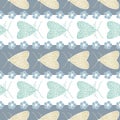 Vector Yellow Green Butterflies and Blue Flowers on Gray White Stripes Seamless Repeat Pattern. Background for textiles Royalty Free Stock Photo