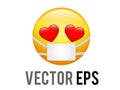 Vector yellow happy face icon with red heart eyes and mask