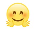 Vector yellow happy smiley face icon with red cheek and hugging hands
