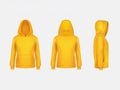 Vector yellow hoodie sweatshirt 3d realistic mockup template on white background. Fashion long sleeve, clothing pullover