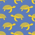 Vector Yellow Ocean Turtle Icon Seamless Pattern Isolated on Blue Background. Sea Graphic Simple Animal Texture Royalty Free Stock Photo