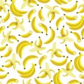 Vector yellow peeled banana seamless pattern background on white surface