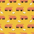 Vector yellow pen skech rows of cute fire truck and ambulance seamless pattern. Suitable for textile, gift wrap and