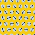 Vector yellow pen sketch fish bone seamless pattern with polka dots background. Perfect for fabric, scrapbooking and Royalty Free Stock Photo