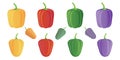 Vector yellow, red, green and violet Bell pepper icon set isolated on white background. Sweet Bulgarian Bell pepper Royalty Free Stock Photo