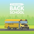 Vector yellow schoolbus isolated on green background. Back to school sign illustration