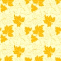 Vector yellow seamless pattern with outline falling golden leaves in doodle flat style. Autumn backgrounds and textures Royalty Free Stock Photo