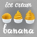 Vector yellow Set of Ice cream scoops poster design with creme Fresh Frozen banana popsicle isolated on transparent background