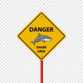 Vector Yellow Shark Sighting Sign Isolated. Shark Attack Warning. Danger for Surfing and Swimming. Shark Zone, Area Royalty Free Stock Photo