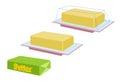 Vector yellow stick of butter isolated on background. Slices of margarine or spread, fatty natural dairy product. High