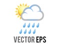 Vector yellow sun half icon covered by rain cloud with blue raindrops